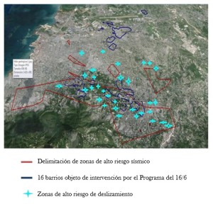 Yuxtaposición de barrios del 16/6 y zonas de riesgo en la ciudad. Fuente: Elaboración propia con base en los datos de: IASC, 2011 y Bertil, Roullé, Belvaux, Terrier, Noury, 2010.