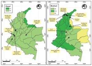 Zonas productivas de palma africana y de caña de azúcar. Adaptado de FedeBiocombustibles (2013a; 2013b).